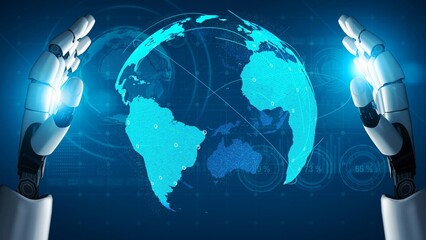 Poster - AI supports global data exchange with intelligent infrastructure, virtual assistant visualizations, and artificial intelligence tools for network connectivity analysis. Thunk