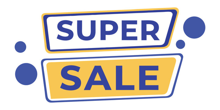 Super Sale vector graphic. Modern abstract design with bold text in stacked yellow and blue boxes. Marketing element for banner, promotion, advertising, and e-commerce design.