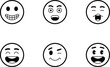 © MDmamun - Six Simple Black and White Emoticon Icons: Happy, Surprised, Yawning, Laughing, Winking, and Excited.