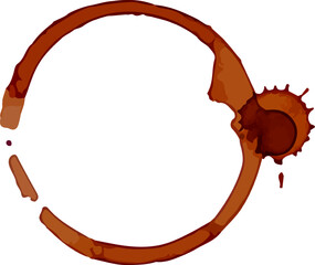 Poster - Brown coffee cup ring stain with splash marks forming an uneven circle on a white background, perfect for representing a coffee break or a messy morning routine