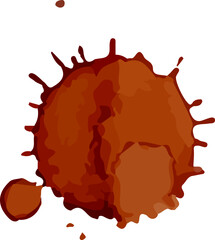 Poster - Large spot of brown liquid resembling coffee or blood creating a stain, with splashes and droplets scattered around, isolated on white background, offering a dramatic and artistic visual