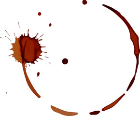 Poster - Coffee cup ring stain featuring a splash forming an arc with droplets, isolated on a white background, creates a messy yet artistic pattern with a unique texture and design