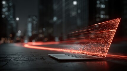 Poster - A laptop emits a trail of light while appearing to move rapidly through a dimly lit urban environment. Tall buildings reflect muted lights, enhancing the energetic atmosphere.