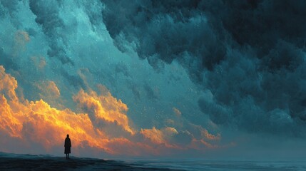 Wall Mural - A solitary figure stands on the beach, gazing at a breathtaking sunset where vibrant orange and blue clouds merge, creating a serene yet dramatic atmosphere at dusk.