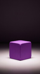 Poster - Purple cube on a white surface against a dark background, showcasing a minimalist product display, ideal for advertisement or branding