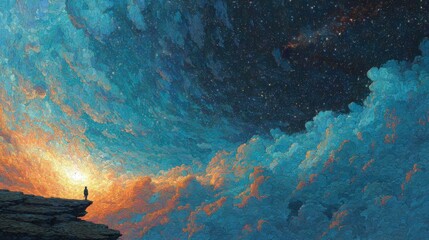 Wall Mural - A vibrant sunset fills the sky with hues of orange and blue, while a solitary figure stands on a rocky cliff, gazing at the vast cosmic expanse above, dotted with stars.