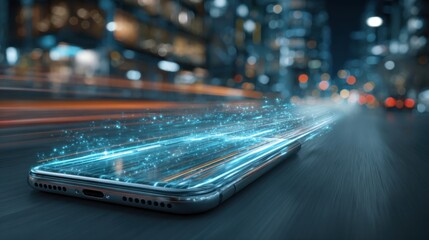 Poster - A smartphone lies on a city street, surrounded by vibrant lights and blurred motion effects, showcasing high-speed digital data transfer against a lively urban backdrop at night.