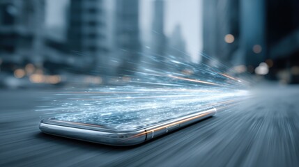 Poster - A smartphone blurs as it moves rapidly through a modern city street, surrounded by tall buildings. The image captures the essence of speed and technological progress.