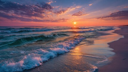 Wall Mural - Waves gently roll onto the sandy shore as the sun sets on the horizon, casting vibrant hues of purple and orange across the sky during late evening.