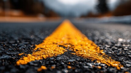 Wall Mural - This shot focuses on a bright yellow line painted on a desolate rural road. Morning light softly illuminates the asphalt, creating a serene atmosphere in early spring.