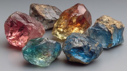 Poster - A collection of six distinct gemstones showcases an array of colors, including pink, blue, green, and yellow, each displaying unique textures and natural beauty.