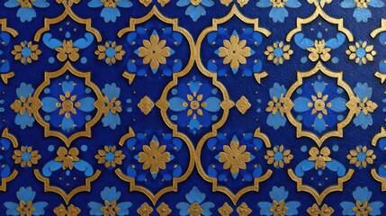 Poster - This detailed artwork features a classic floral pattern combining rich blue and shimmering gold tones. The design reflects craftsmanship often seen in cultural decorations, creating a stunning visual.