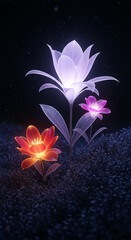 Aufkleber - Glowing flowers in dark environment, translucent petals illuminate the night, creating surreal and magical atmosphere, representing fantasy, dreams, and otherworldly beauty