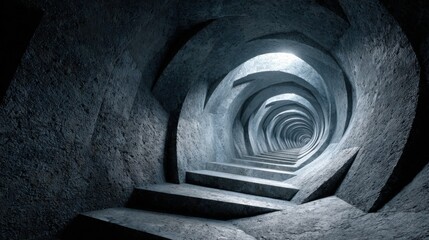 Poster - A spiral staircase descends into a cavernous tunnel with smooth, illuminated stone walls. The atmosphere is eerie and mysterious, suggesting a journey into the unknown.
