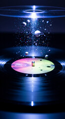 Aufkleber - Vinyl record with colorful inner ring, illuminated from above, simulating a galaxy with planets and nebulae falling onto it.  Showcases cosmic, musical concept