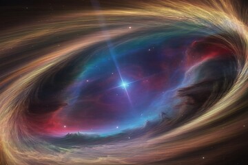 a swirling vortex of cosmic dust and light surrounds a brilliant blue star near a black hole