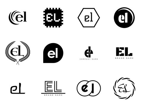 EL logo company template. Letter e and l logotype. Set different classic serif lettering and modern bold text with design elements. Initial font typography.