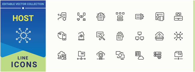 Poster - Host icon. Includes symbols for network, database, hosting, storage, cloud, compute, data and more. Server line icon set. UI icons set in a thin style. Editable stroke collections.