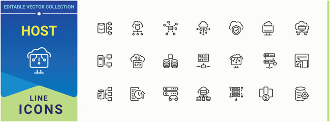 Poster - Host icon. Includes symbols for network, database, hosting, storage, cloud, compute, data and more. Server line icon set. UI icons set in a thin style. Editable stroke collections.