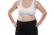 © New Africa - Weight loss. Plus size woman on white background, closeup