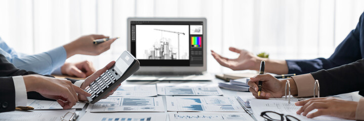 Poster - Business intelligence and data analysis concept. Analyst team working on financial data analysis dashboard on laptop screen as marketing indication for effective business strategic planning. Insight