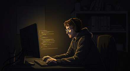 Dedicated software developer working late, writing code on a glowing monitor screen in a dimly lit office.