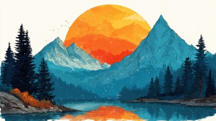 Wall Mural - Vibrant sunset casts warm orange and yellow hues over rugged mountains and a peaceful lake, framed by lush pine trees, creating a tranquil evening atmosphere.