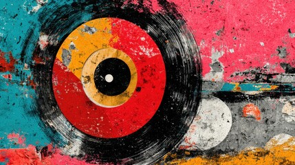 Poster - A vibrant abstract representation of a vinyl record features bold colors and textures, reflecting the essence of music and artistic creativity. The design evokes nostalgia and energy.