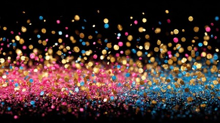 Poster - Colorful glitter particles scatter across a dark background, showcasing hues of pink, blue, and gold. This lively display adds excitement to any festive occasion or celebration.
