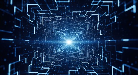 Fototapete - Abstract blue digital network tunnel with glowing lines and particles leading to a bright light