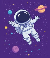 a cartoon astronaut floats in space with a bunch of planets around him. the scene is cheerful and fu