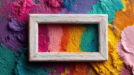 Poster - Bright, textured paint in various vibrant colors surrounds a white wooden frame, creating a striking contrast in a creative environment during daylight hours.