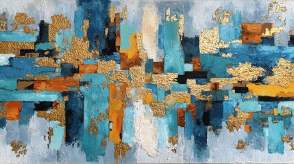 Poster - An abstract art piece showcases vibrant blue and orange hues blended with gold accents, creating a dynamic visual composition ideal for modern decor.