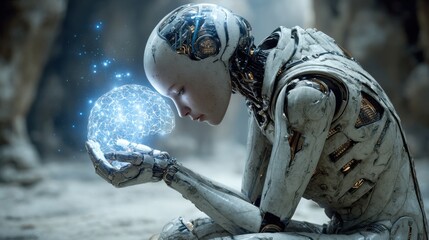 Poster - In a dimly lit, futuristic location, a robot with a sleek design contemplates a luminous brain captured in its hands, symbolizing the quest for knowledge and consciousness.