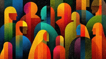 Poster - Vibrant artwork showcases a crowd of stylized figures, each uniquely colored, creating a sense of diversity and energy. Geometric shapes add depth to the lively atmosphere.