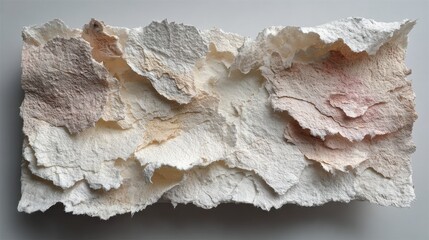 Poster - This artwork showcases textured paper crafted from natural fibers, featuring an organic arrangement of soft colors and edges, displayed on a neutral background in a well-lit art studio.