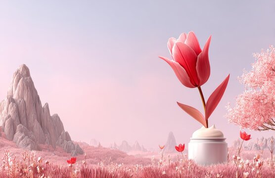 With a spring flower field as its natural beauty backdrop, this setting features a round podium on lush green grass surrounded by a lovely pink rose garden, created using advanced 3D rendering and
