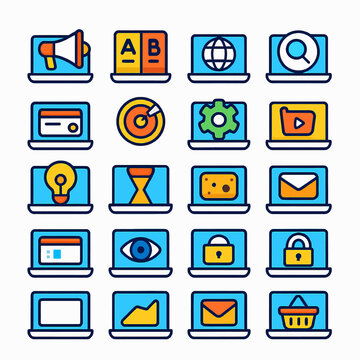 Collection of colorful laptop icons displaying various digital concepts and symbols, all in a flat design.