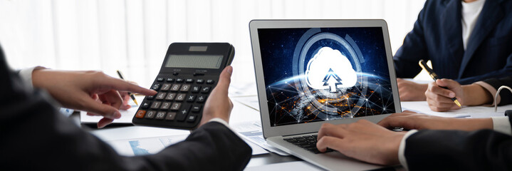 Poster - Business intelligence and data analysis concept. Analyst team working on financial data analysis dashboard on laptop screen as marketing indication for effective business strategic planning. Insight