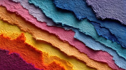 Poster - Vibrant layers of textured paper in various colors are arranged in a visually appealing manner, ideal for crafting or artistic creations. The composition showcases rich colors and textures.