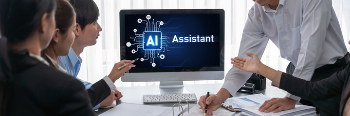 Poster - Business intelligence and data analysis concept. Analyst team working on financial data analysis dashboard on laptop screen as marketing indication for effective business strategic planning. Insight