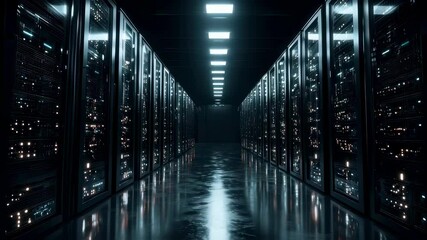 Poster - Inside a somber server room numerous servers blink rhythmically in the dark casting an ambient glow that reflects off metallic surfaces emphasizing the complexity of data storage and