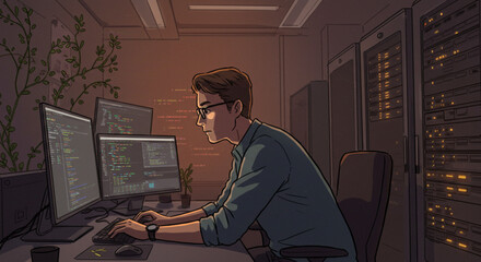 Focused male programmer diligently coding on multiple computer screens in a dark server room or data center.
