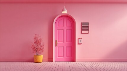 Poster - A bright pink door is framed by pastel pink walls in a contemporary space. A yellow pot with a small plant adds a splash of color, enhancing the lively atmosphere.