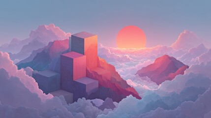 Poster - A serene abstract landscape showcases geometric forms rising from fluffy clouds, illuminated by a colorful sunset that bathes the scene in warm hues. The tranquil environment invites reflection.