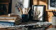 © DEDI - Comfortable Workspace Scene Featuring Artworks And Stationery In Natural Light