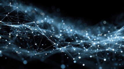 Fototapete - Lines and particles form a network, articulating a dynamic interaction of data across a dark background, representing technology's complex connectivity in modern digital environments.
