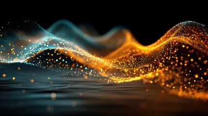 Fototapete - Shimmering waves of blue and orange light dance across a dark background, creating an enchanting visual effect. The soft glow enhances the dynamic flow of colors.