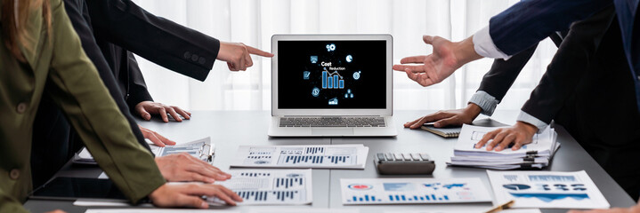 Poster - Cost reduction, cost saving concept shown on computer screen brisk, corporate business efficiently save cost and company resources by reduction of unnecessary expenses