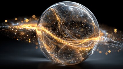 Fototapete - A mesmerizing sphere glows with swirling golden light and energy, suspended in a dark setting. This dynamic display creates a sense of movement and depth, inviting exploration.